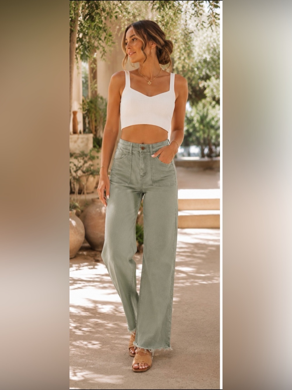 Mavi Shelia High-Rise Straight Leg Sage Green Raw Hem Jeans NWOT size 28/29